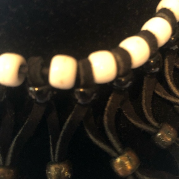 Bohemian style Black and Cream Tassel Necklace- leather and beads make this up - Picture 3 of 9